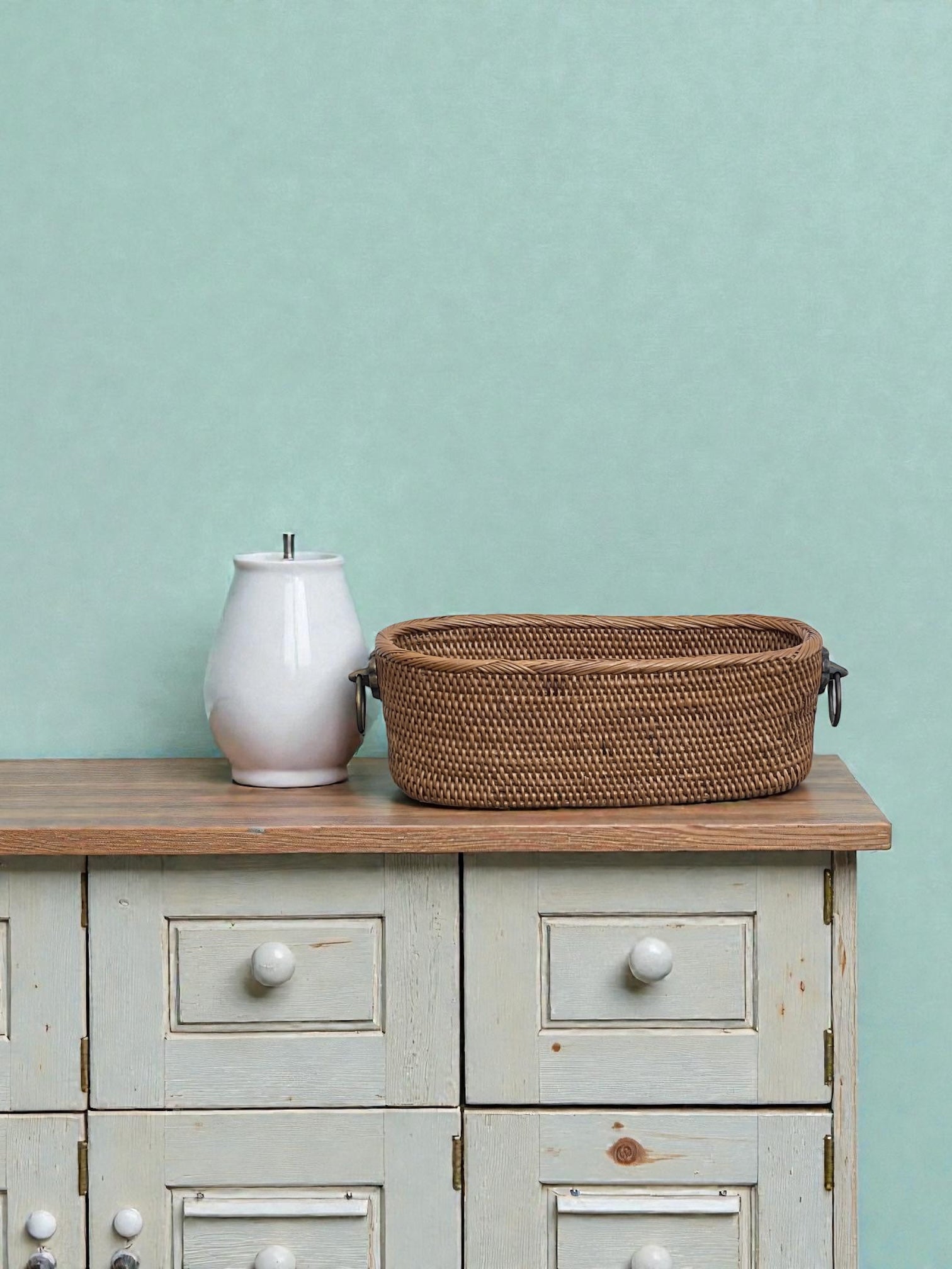 BAK-326SIN 真鍮取っ手楕円バスケット (無地•小花•W20×D8.5×H7)