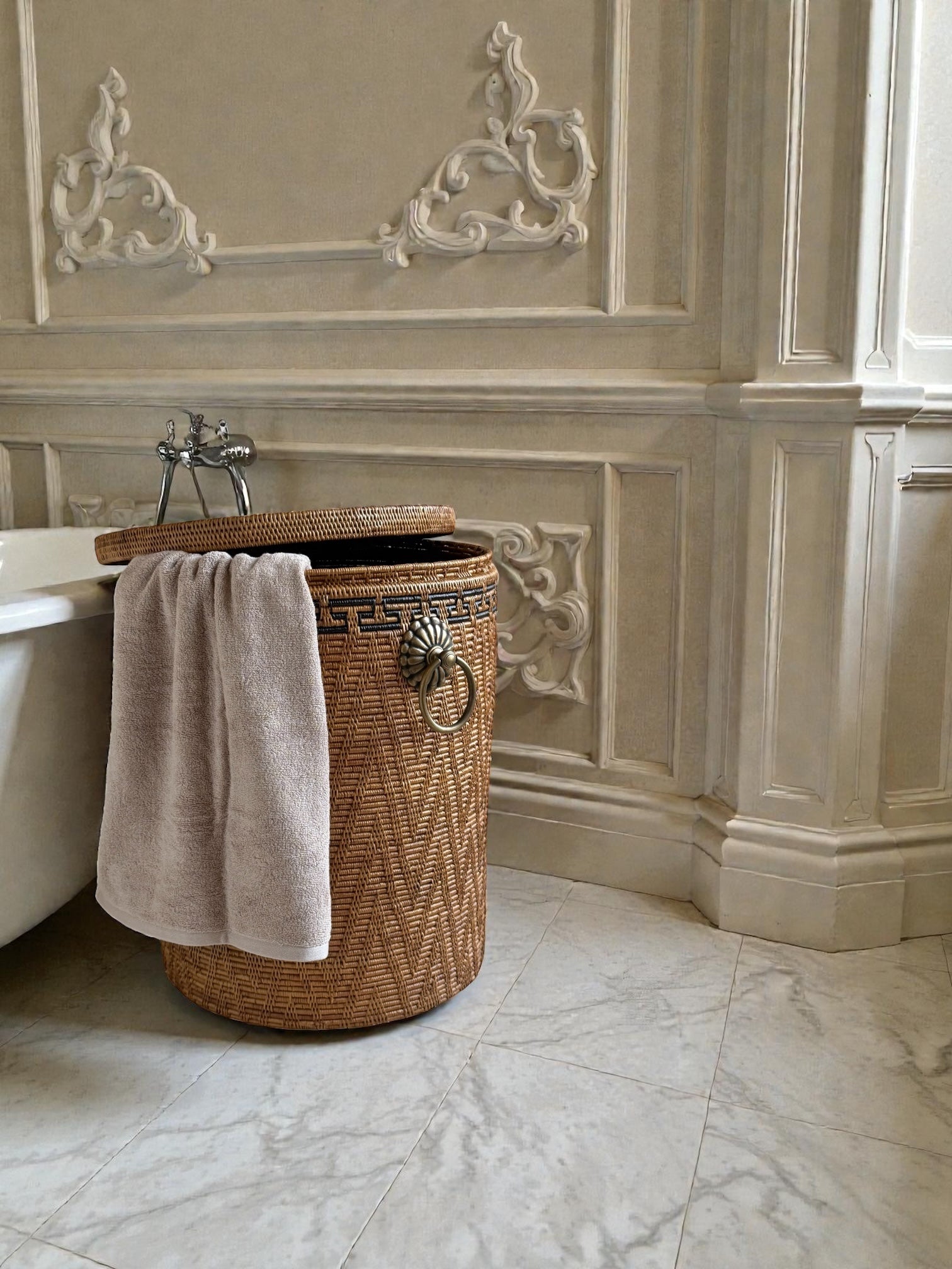 BAX-416SIN-M 真鍮取っ手蓋付き円柱バスケット(黒模様・φ42×H50)無料配送