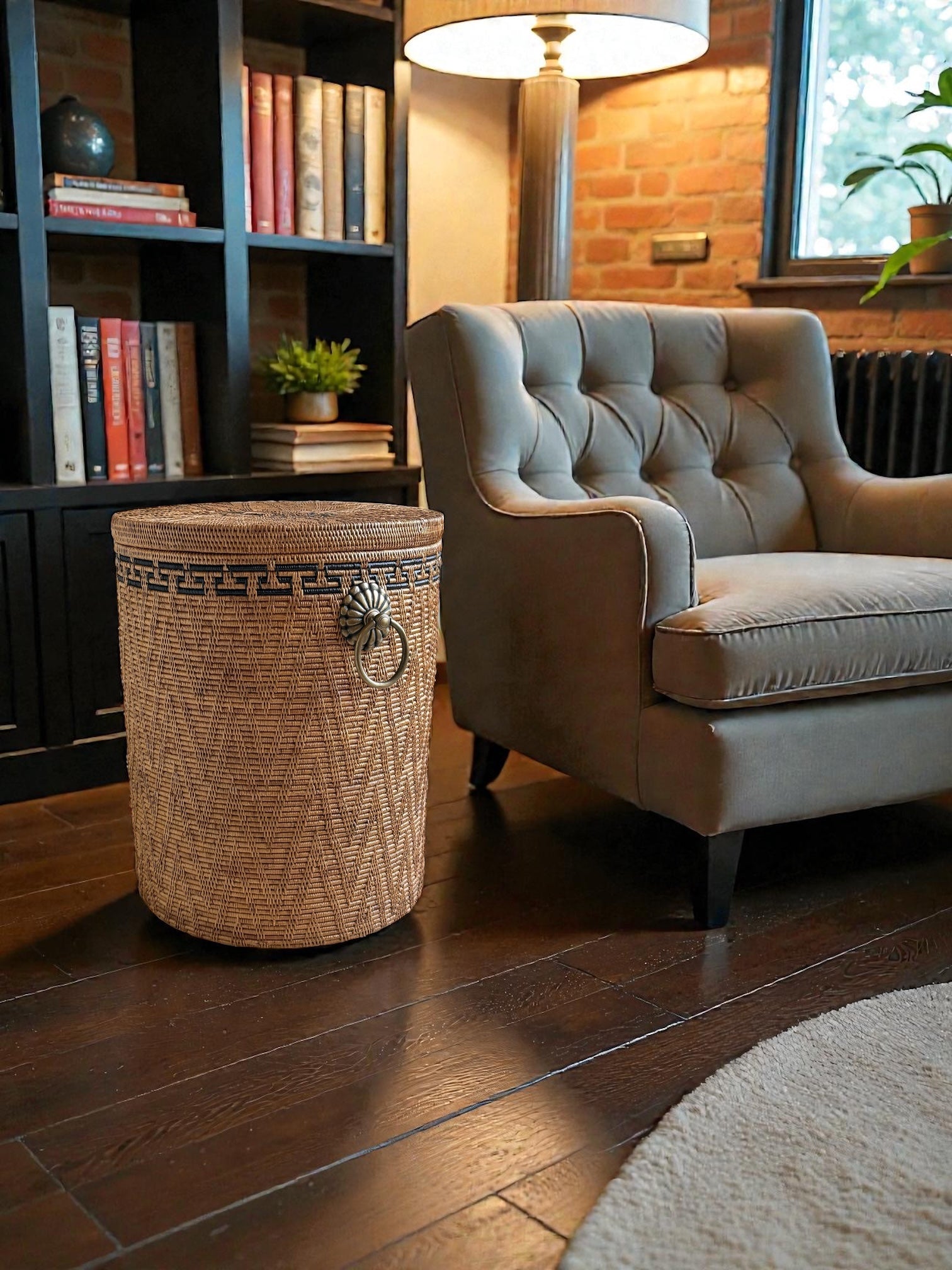 BAX-416SIN-M 真鍮取っ手蓋付き円柱バスケット(黒模様・φ42×H50)無料配送