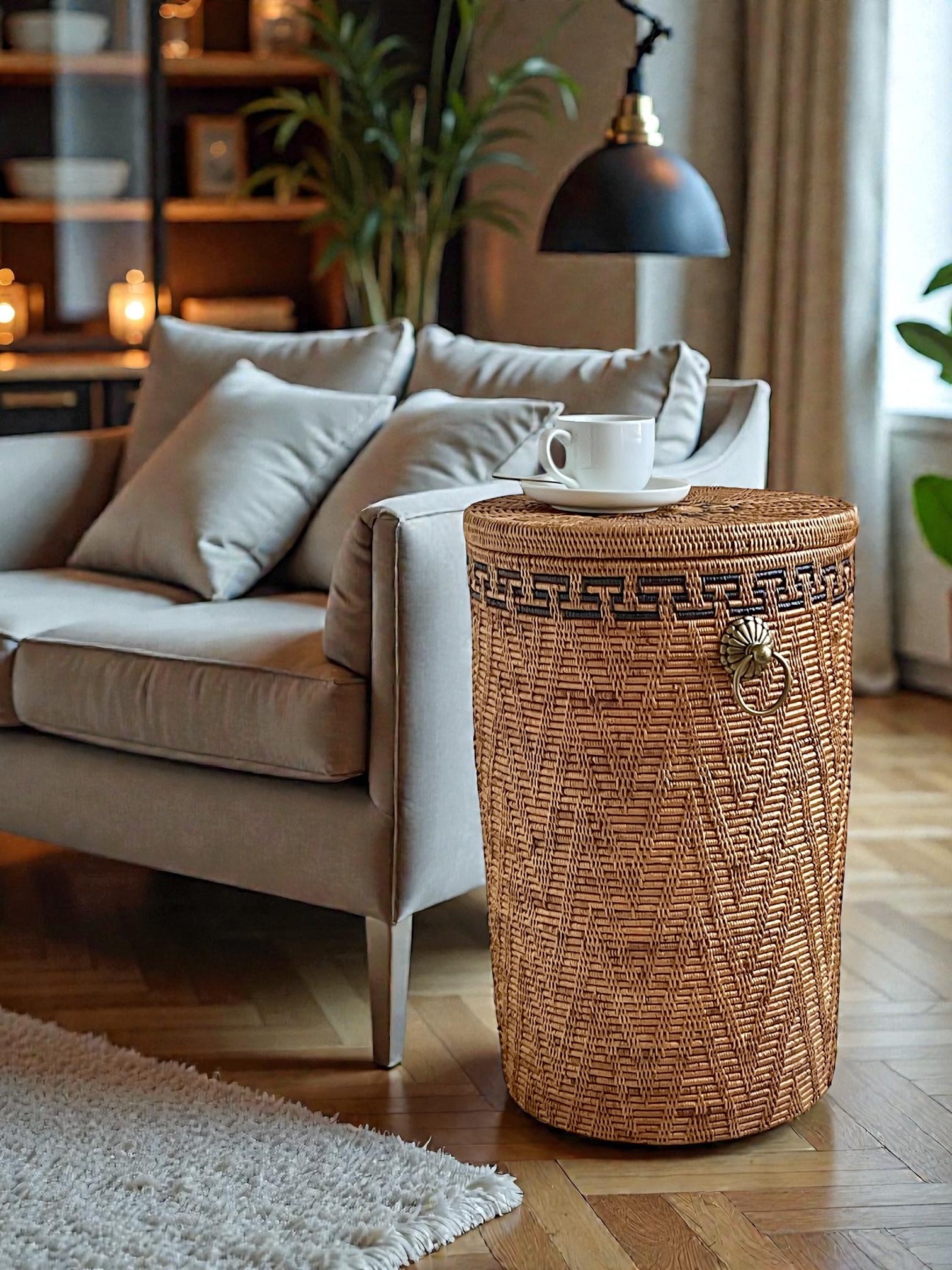 BAI-236SIN-M 真鍮取っ手蓋付き円柱バスケット(模様あり・φ30×H50)無料配送