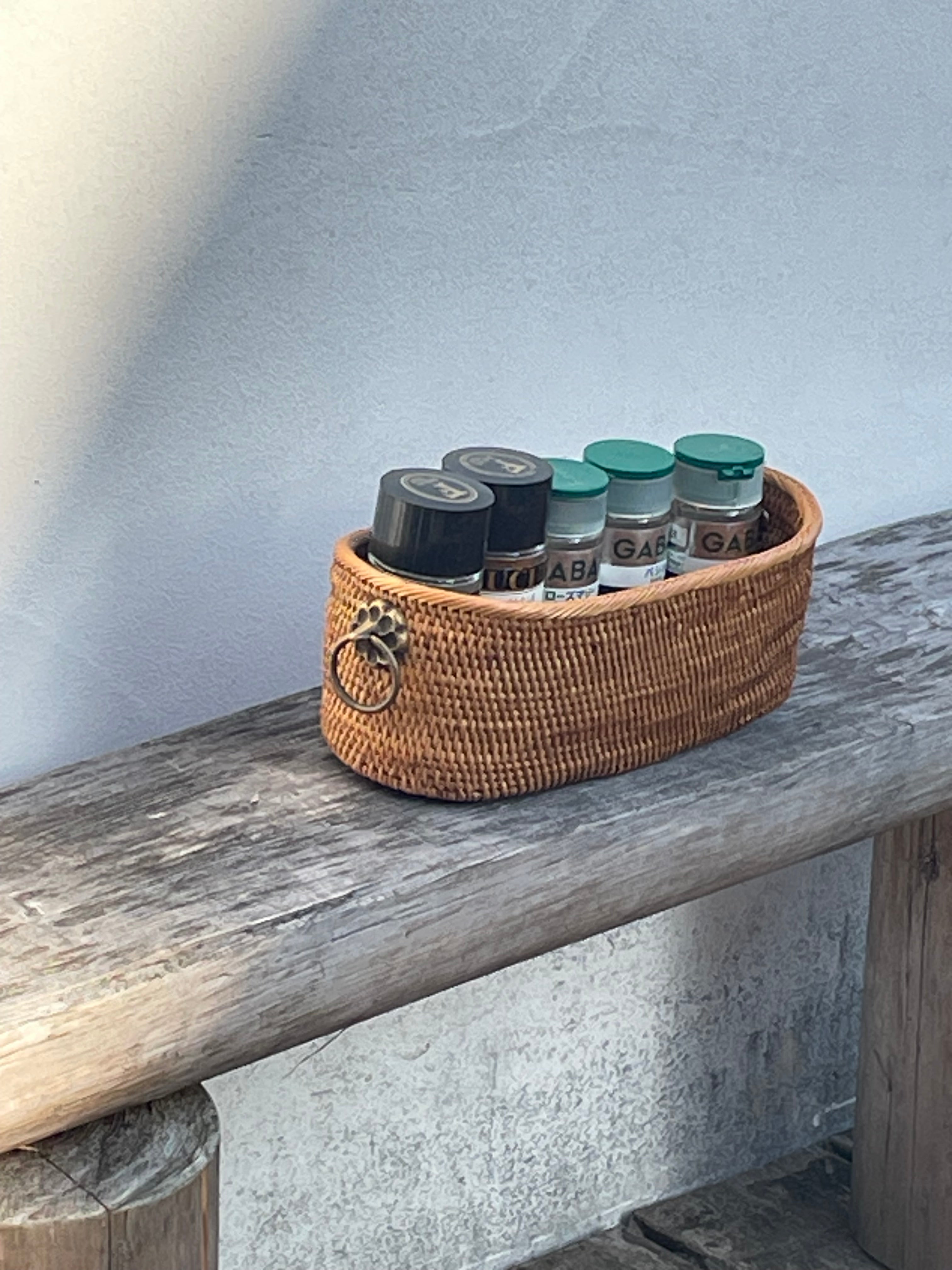 BAK-326SIN　真鍮取っ手楕円バスケット (無地•小花•W20×D8.5×H7)