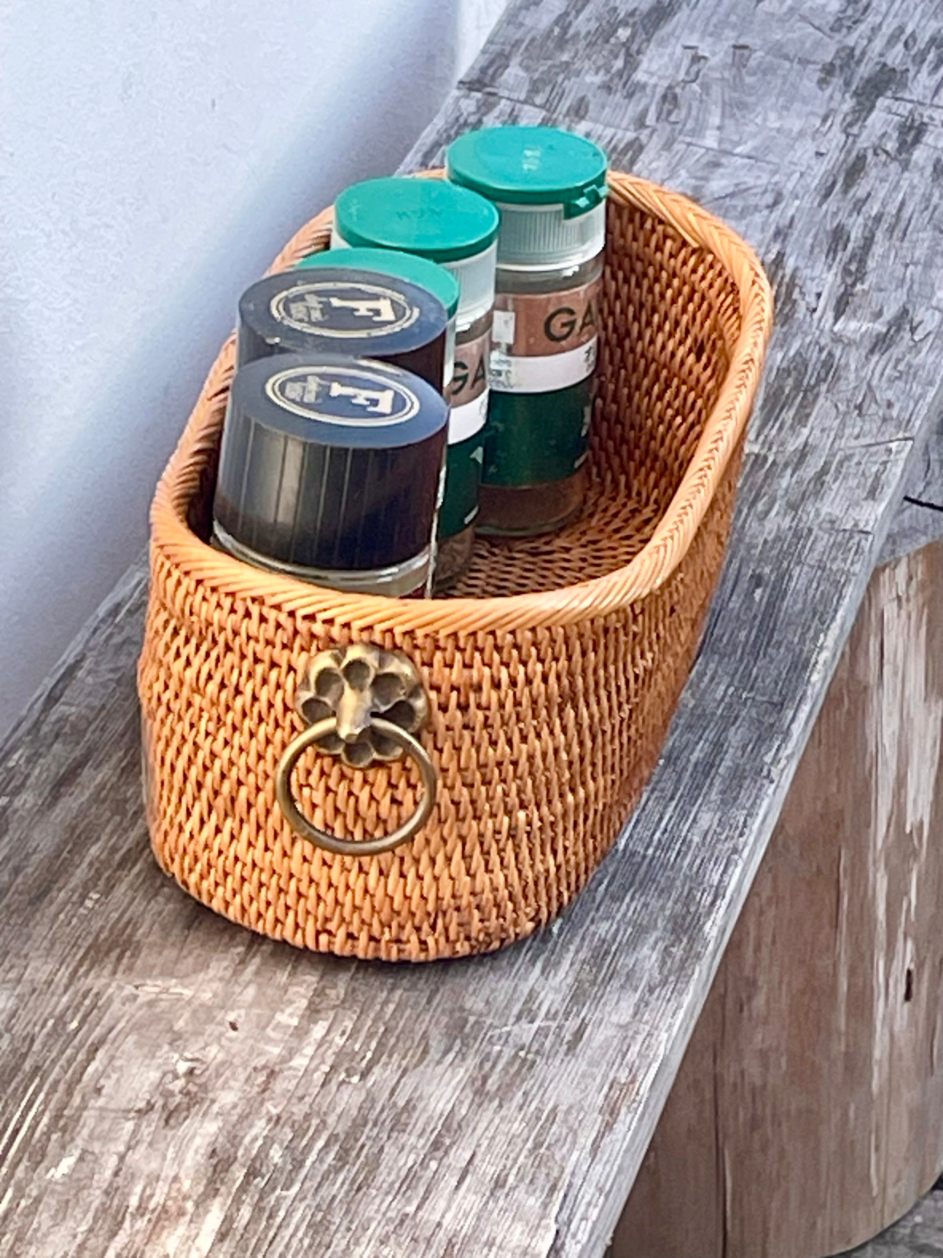 BAK-326SIN　真鍮取っ手楕円バスケット (無地•小花•W20×D8.5×H7)