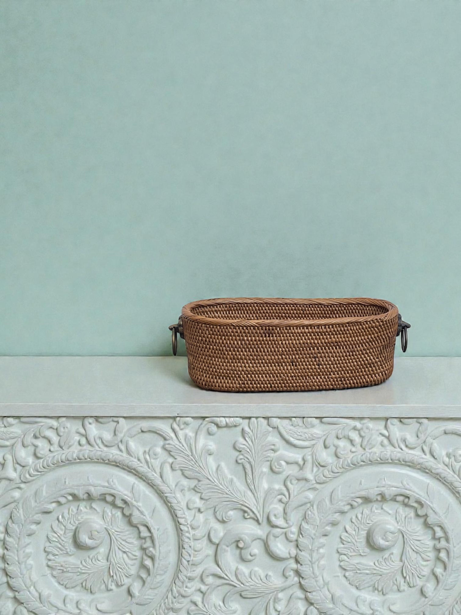 BAK-326SIN　真鍮取っ手楕円バスケット (無地•小花•W20×D8.5×H7)