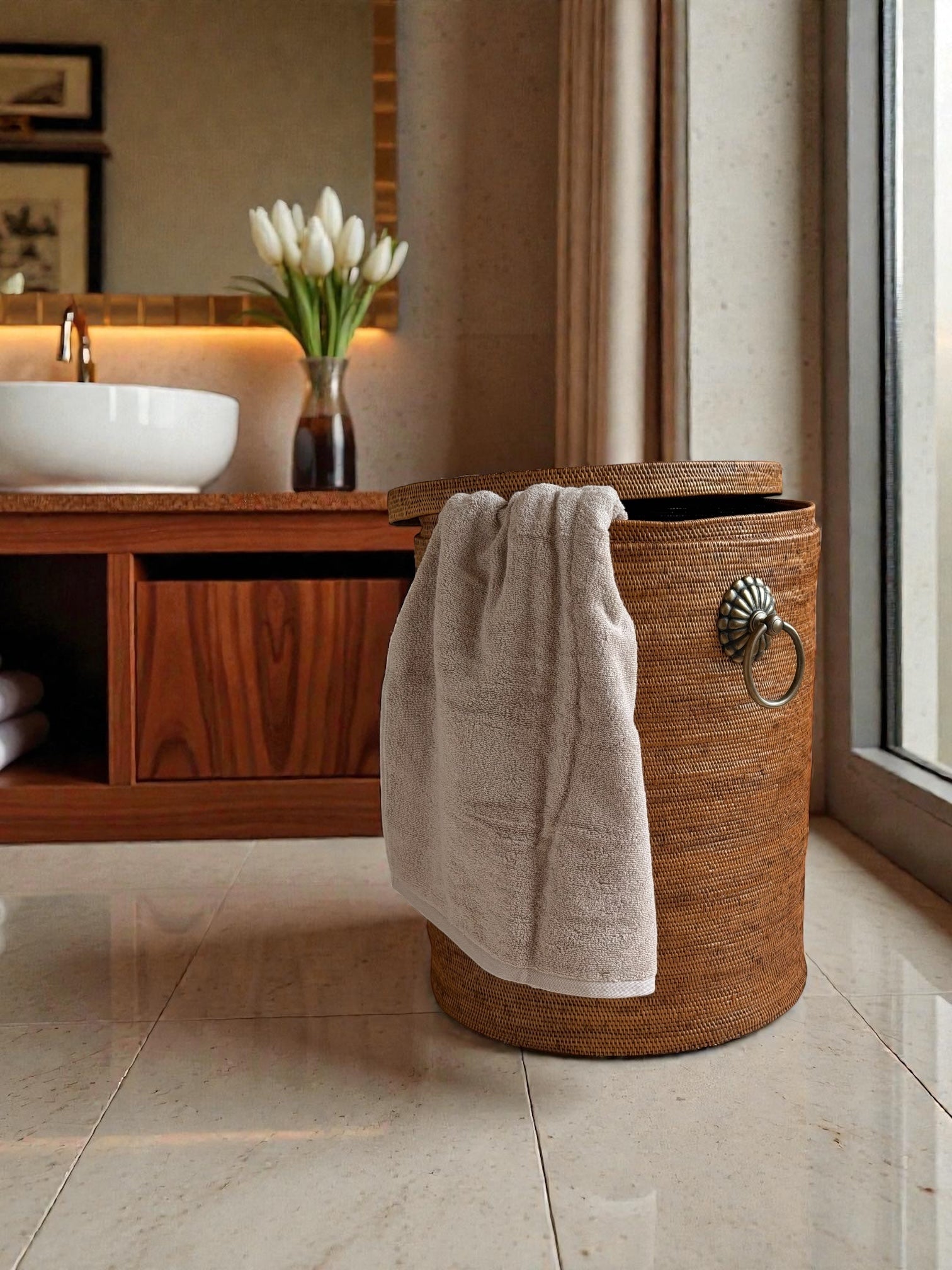 BAX-416SIN　真鍮取っ手蓋付き円柱バスケット（無地・φ４０×Ｈ５０）無料配送