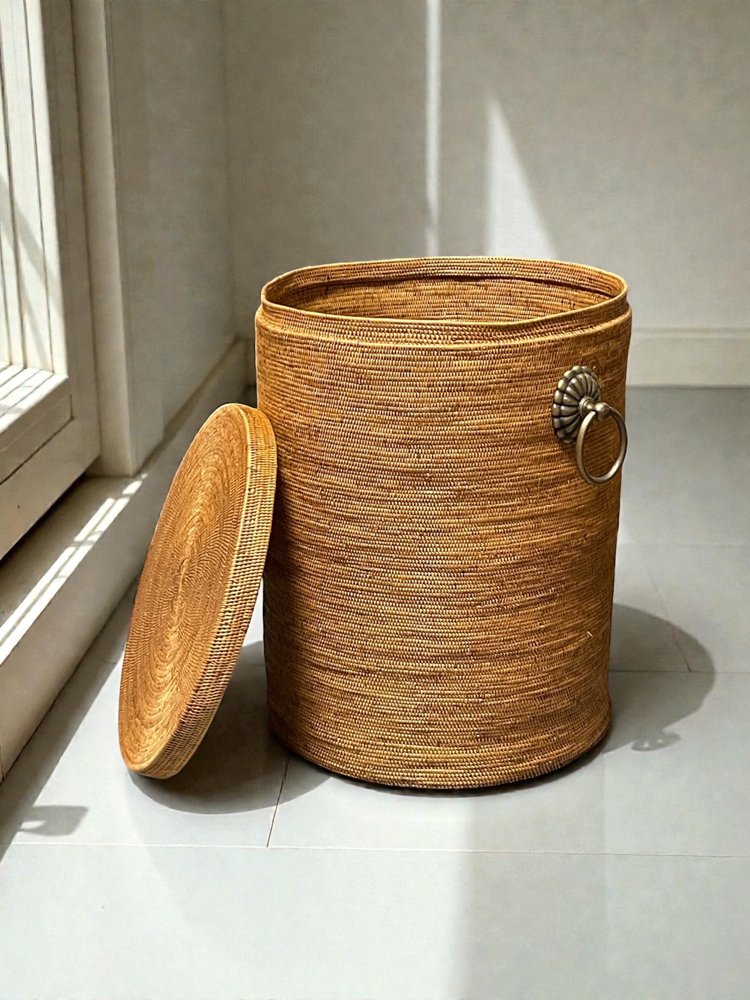 BAX-416SIN　真鍮取っ手蓋付き円柱バスケット（無地・φ４０×Ｈ５０）無料配送