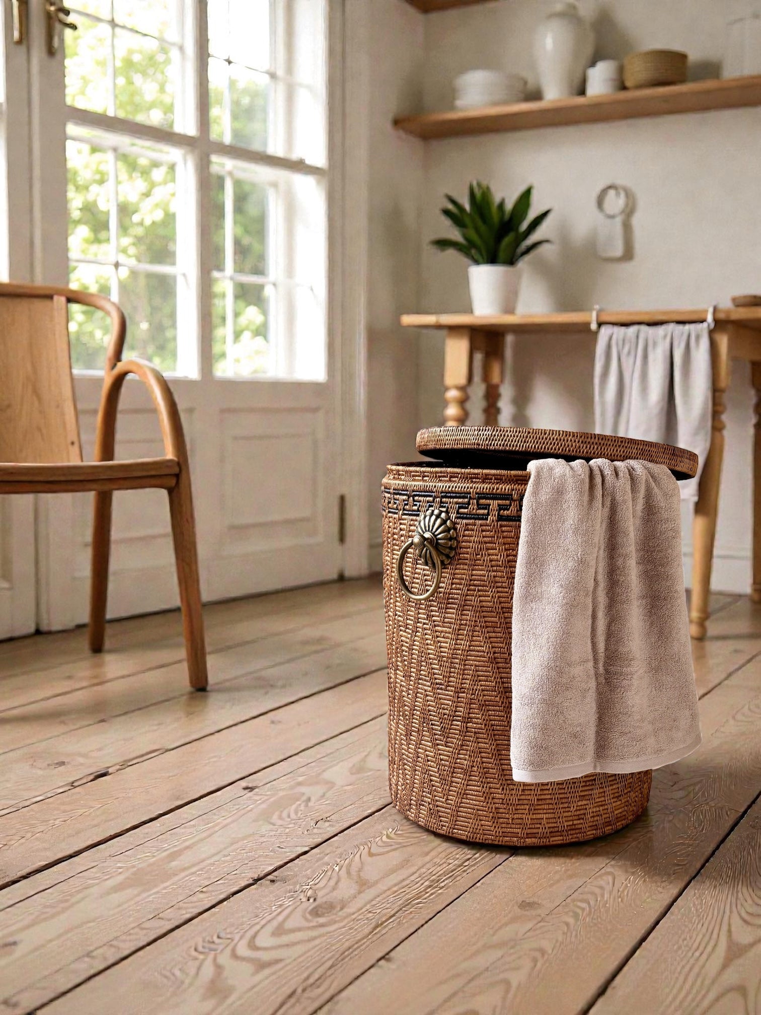 BAX-416SIN-M　真鍮取っ手蓋付き円柱バスケット（黒模様・φ４2×Ｈ50）無料配送