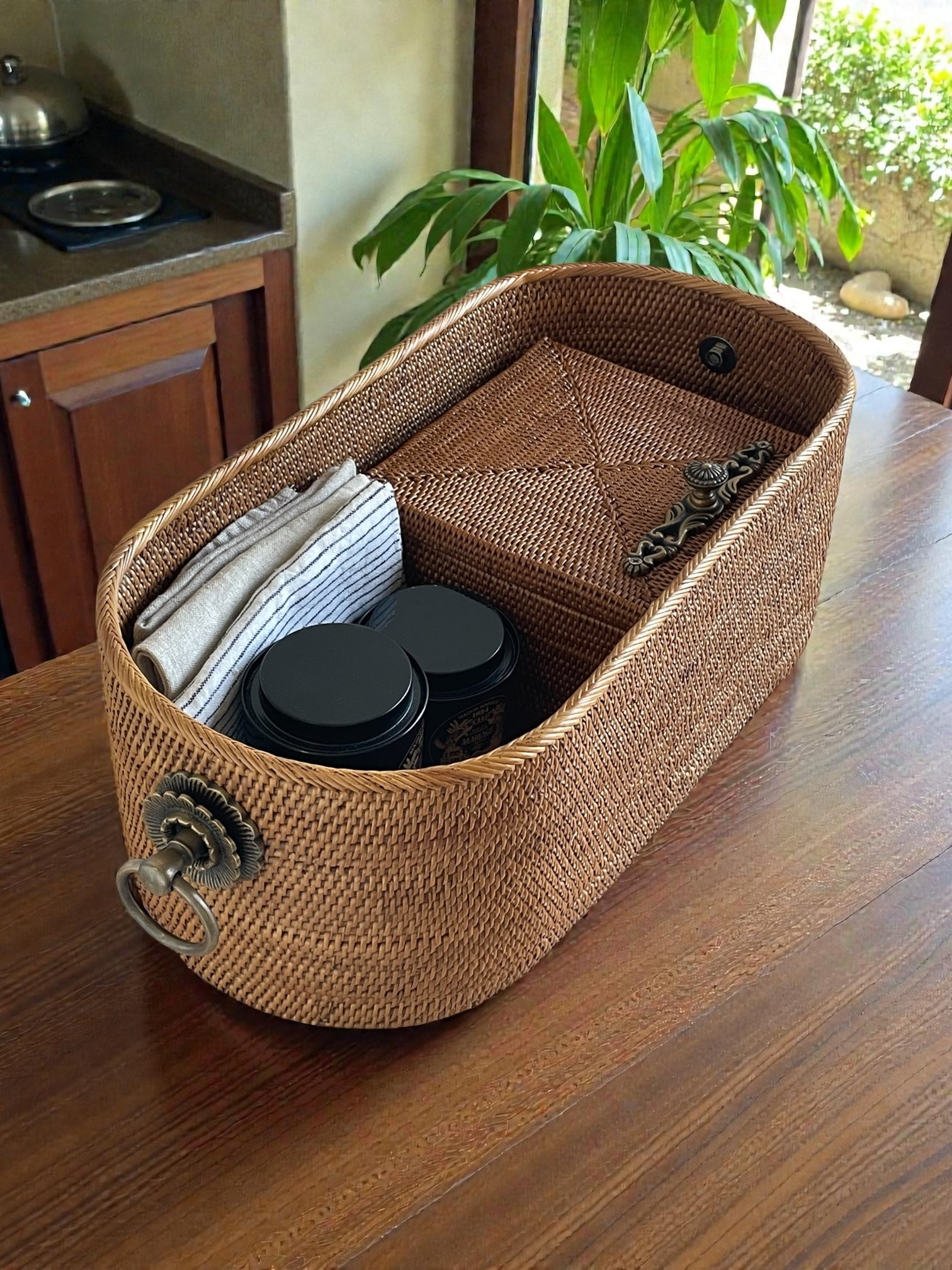 BAX-408SIN　真鍮取っ手楕円バスケット（無地・W40×D20×H15)無料配送